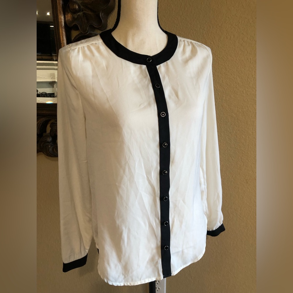 212 Collection Womens XS White Black Contrast Button Front Long Sleeve Blouse